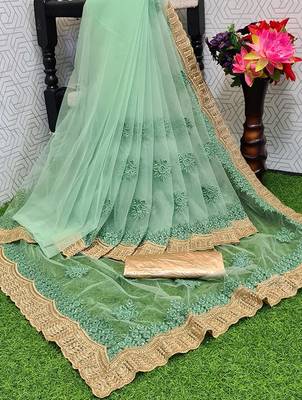 Light green embroidered net saree with blouse 4