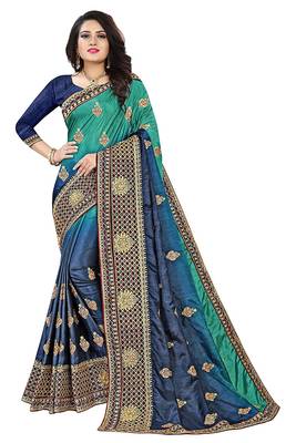 Turquoise embroidered polyester saree with blouse 1