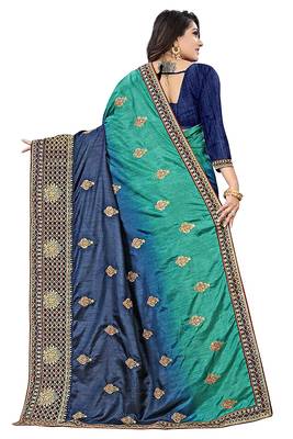 Turquoise embroidered polyester saree with blouse 2