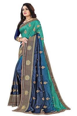 Turquoise embroidered polyester saree with blouse 3