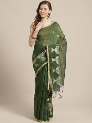 Olive Green & Golden Woven Design Bengal Handloom Taant Saree 1