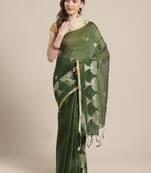 Olive Green & Golden Woven Design Bengal Handloom Taant Saree