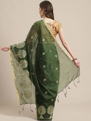 Olive Green & Golden Woven Design Bengal Handloom Taant Saree 2