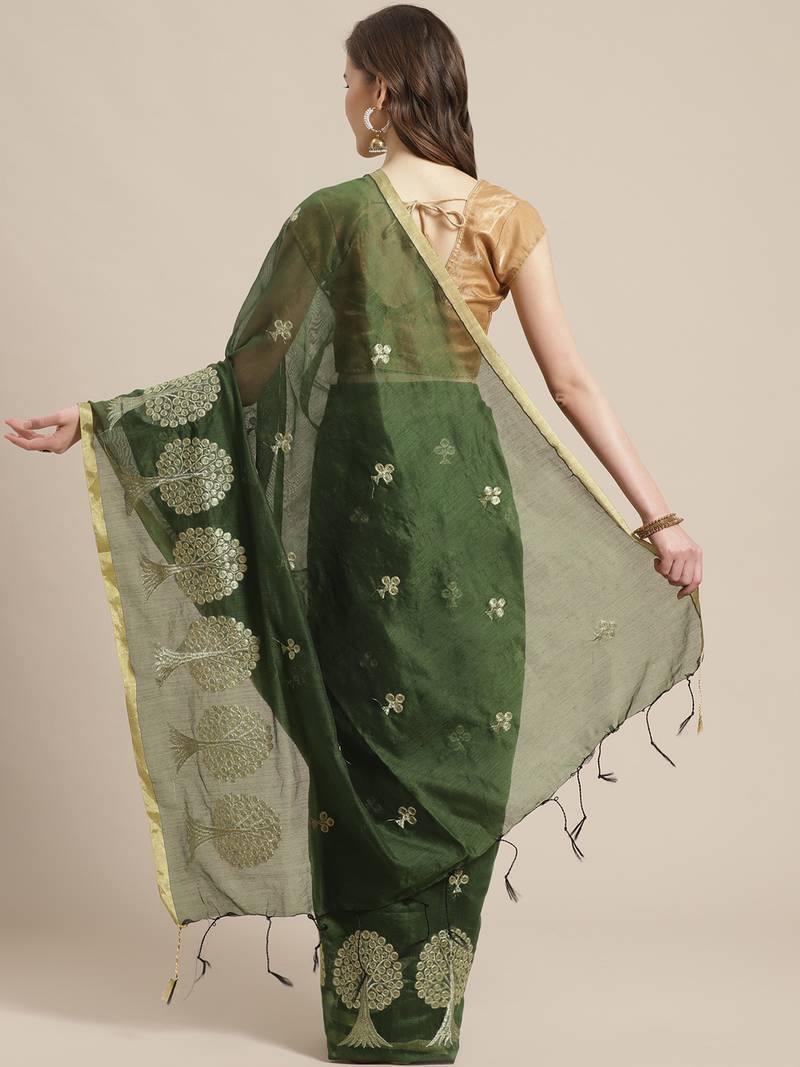 Olive Green & Golden Woven Design Bengal Handloom Taant Saree