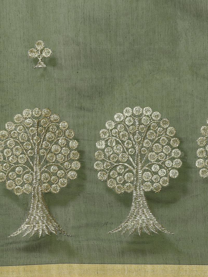 Olive Green & Golden Woven Design Bengal Handloom Taant Saree