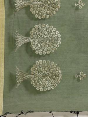 Olive Green & Golden Woven Design Bengal Handloom Taant Saree 4