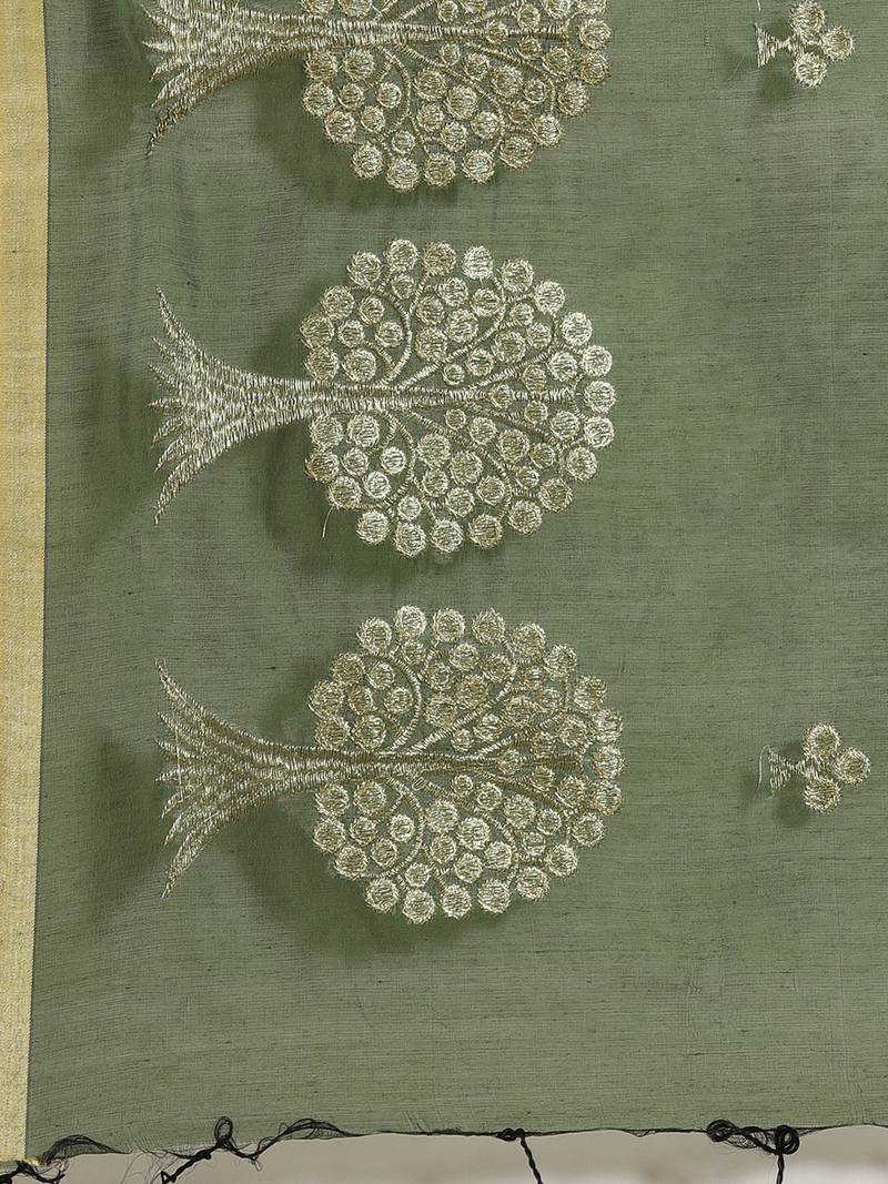 Olive Green & Golden Woven Design Bengal Handloom Taant Saree