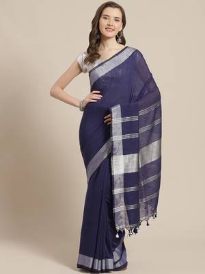 Navy Blue & Silver Solid Bengal Handloom Taant Saree 1