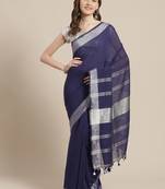 Navy Blue & Silver Solid Bengal Handloom Taant Saree