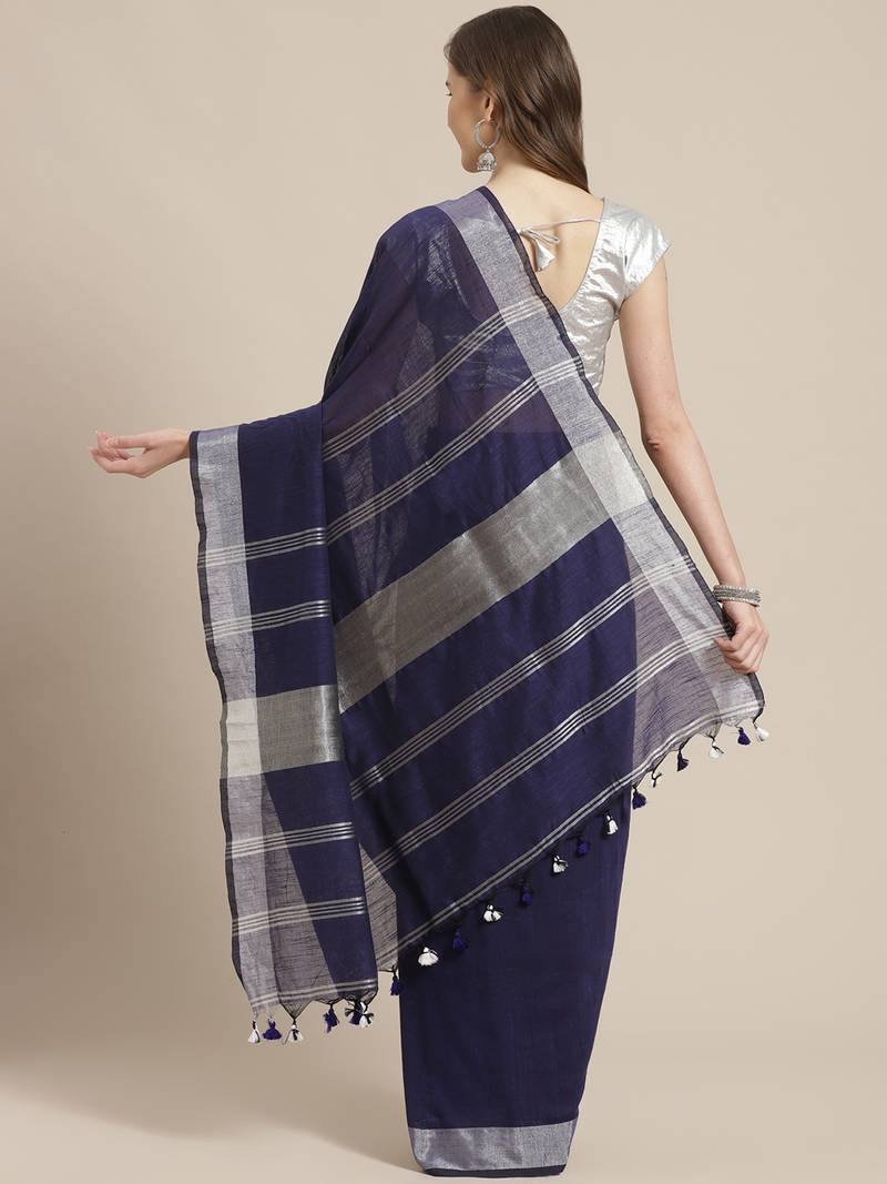 Navy Blue & Silver Solid Bengal Handloom Taant Saree