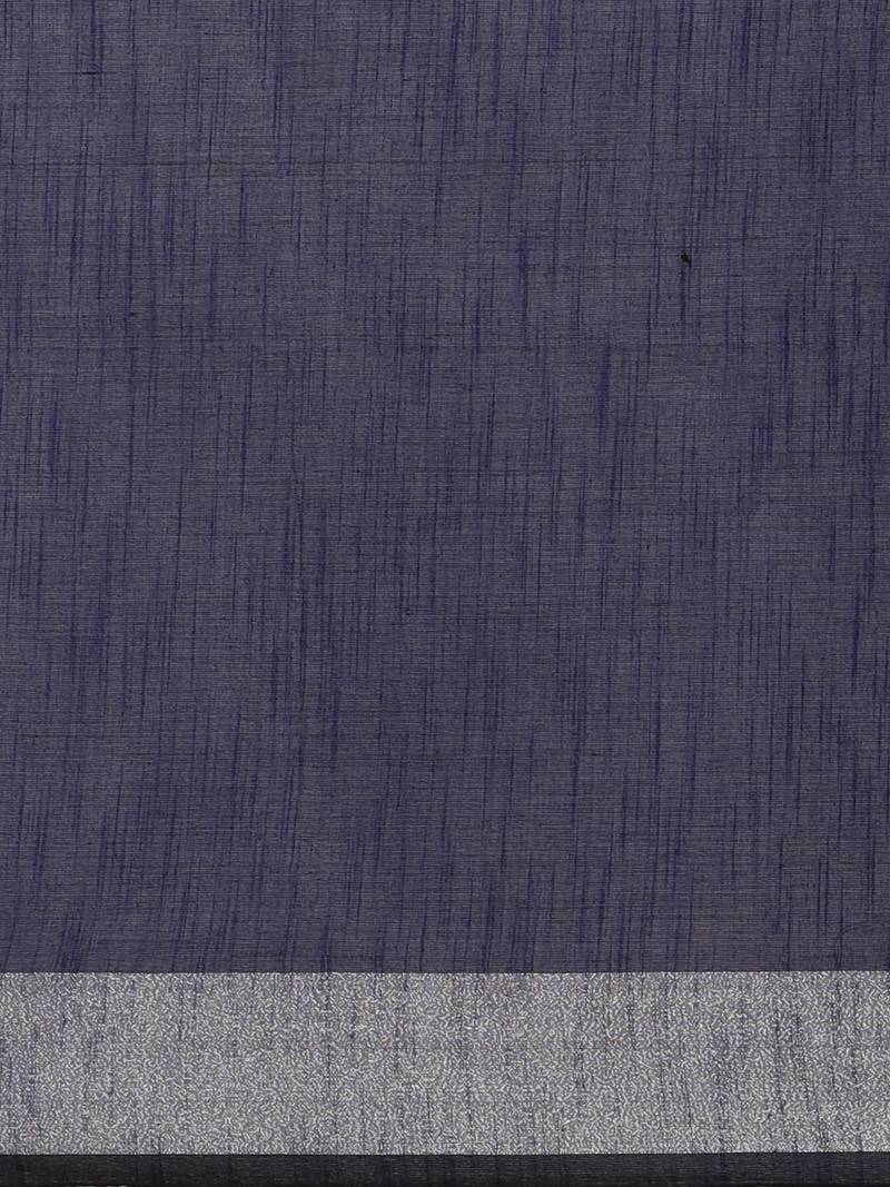 Navy Blue & Silver Solid Bengal Handloom Taant Saree