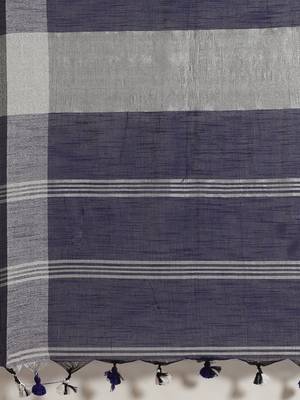 Navy Blue & Silver Solid Bengal Handloom Taant Saree 4