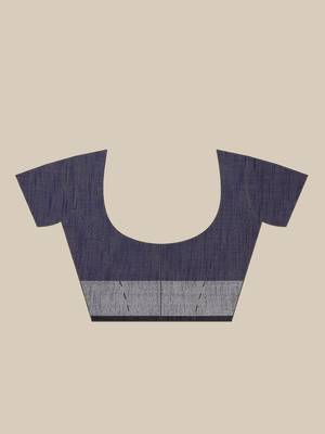 Navy Blue & Silver Solid Bengal Handloom Taant Saree 6