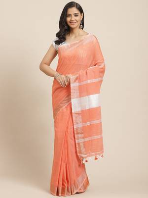 Peach-Coloured & Silver Solid Bengal Handloom Taant Saree 1