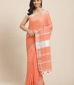 Peach-Coloured & Silver Solid Bengal Handloom Taant Saree