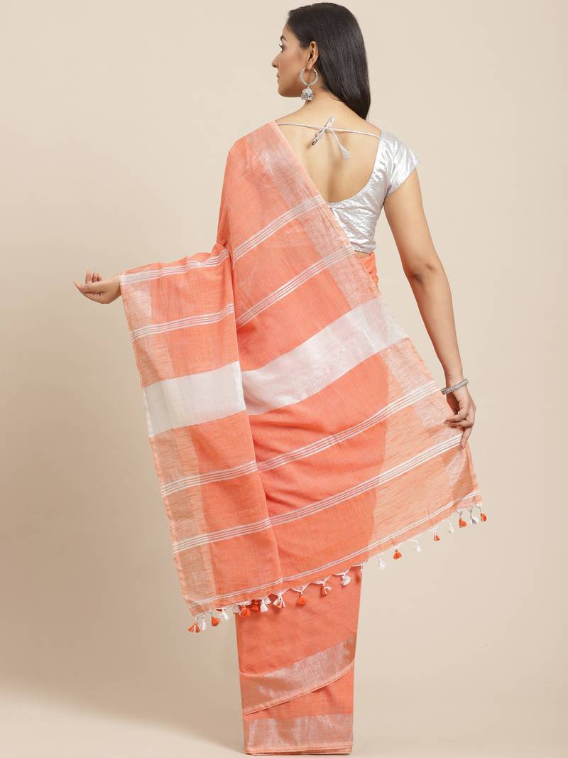 Peach-Coloured & Silver Solid Bengal Handloom Taant Saree