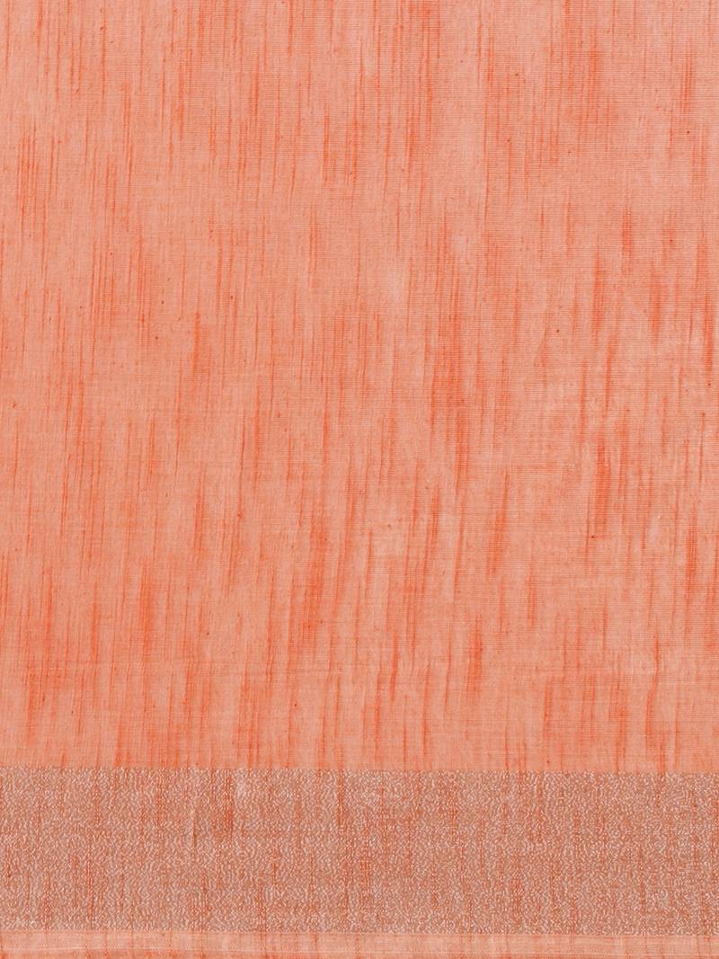Peach-Coloured & Silver Solid Bengal Handloom Taant Saree