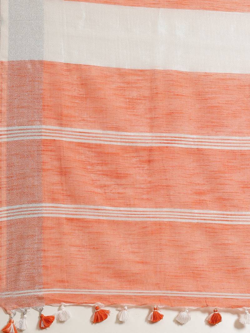 Peach-Coloured & Silver Solid Bengal Handloom Taant Saree