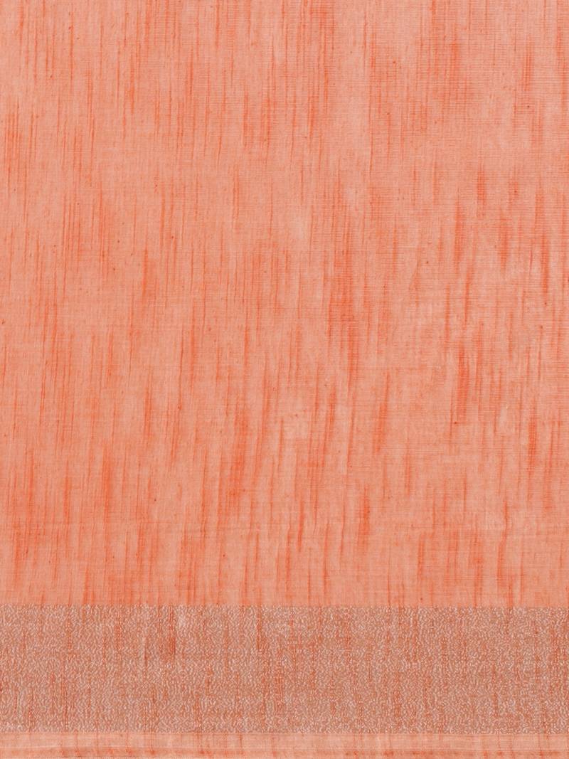 Peach-Coloured & Silver Solid Bengal Handloom Taant Saree