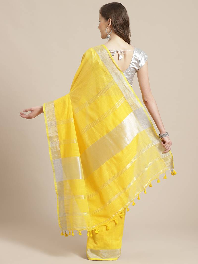 Yellow & Silver Solid Bengal Handloom Taant Saree