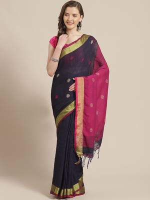Navy Blue & Magenta Woven Design Bengal Handloom Taant Saree 1