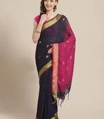 Navy Blue & Magenta Woven Design Bengal Handloom Taant Saree