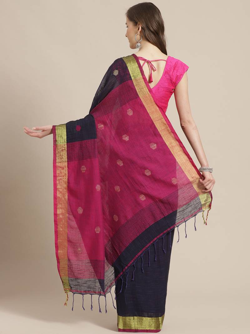 Navy Blue & Magenta Woven Design Bengal Handloom Taant Saree