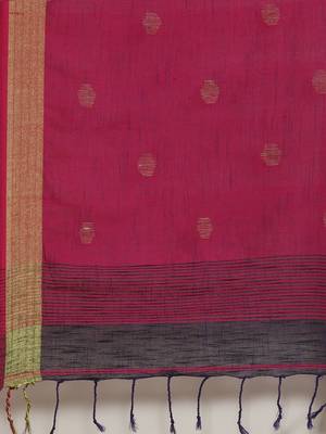 Navy Blue & Magenta Woven Design Bengal Handloom Taant Saree 4