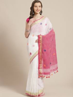 White & Pink Polka Dot Woven Design Bengal Handloom Taant Saree 1