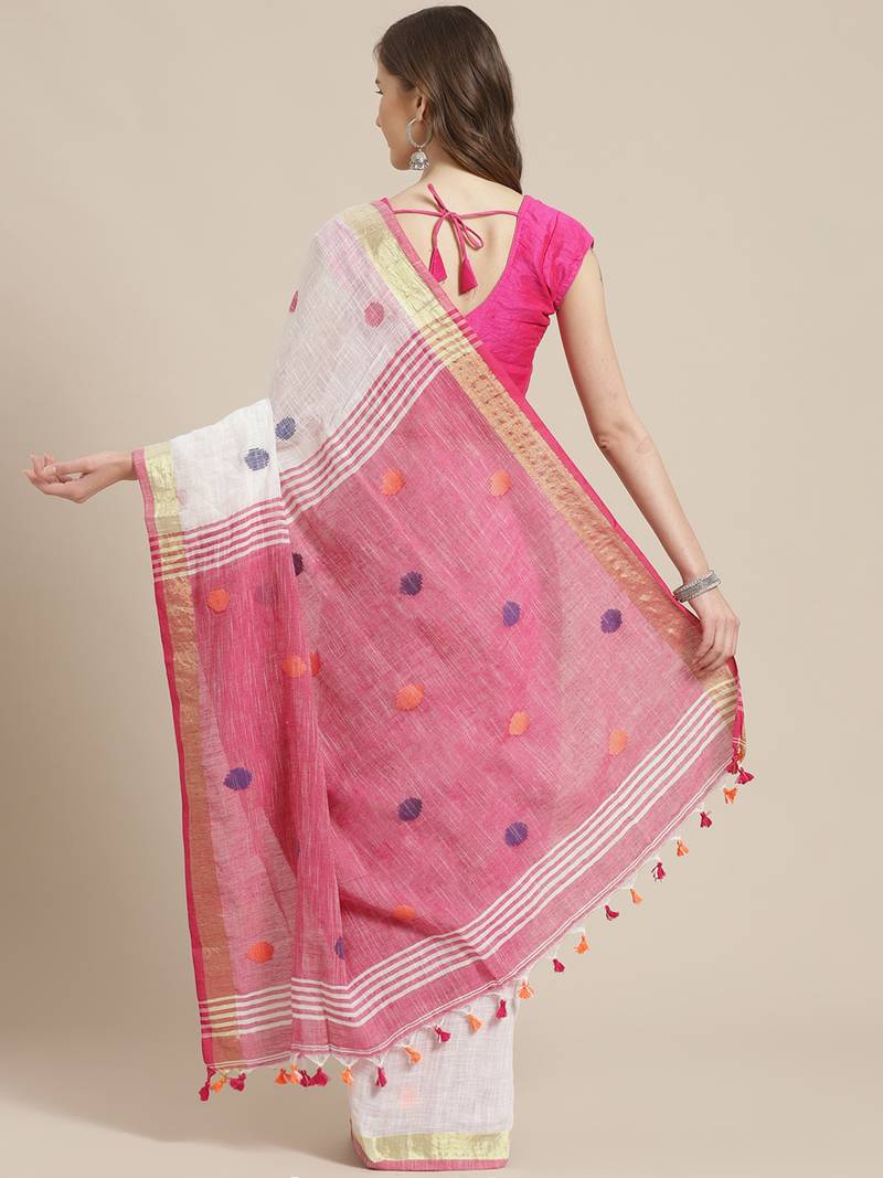 White & Pink Polka Dot Woven Design Bengal Handloom Taant Saree