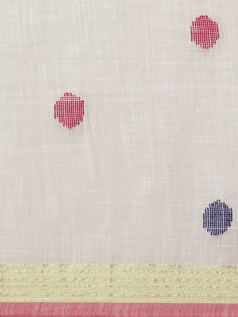 White & Pink Polka Dot Woven Design Bengal Handloom Taant Saree