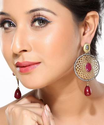 Ruby, Cz And Enamel Hanging Earrings  1