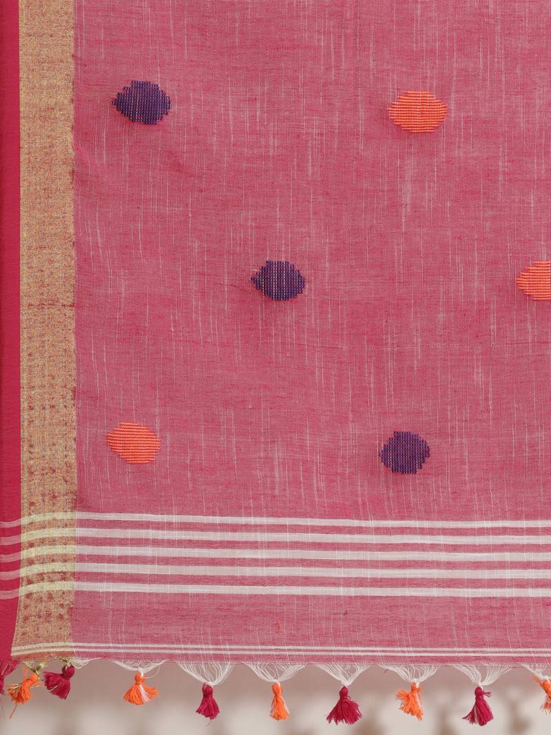 White & Pink Polka Dot Woven Design Bengal Handloom Taant Saree