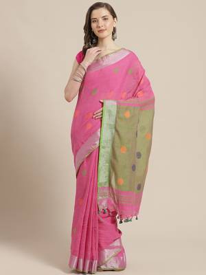 Pink & Green Woven Design Bengal Handloom Taant Saree 1