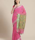 Pink & Green Woven Design Bengal Handloom Taant Saree