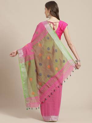 Pink & Green Woven Design Bengal Handloom Taant Saree 2