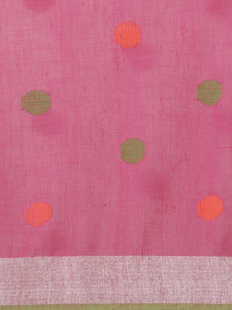 Pink & Green Woven Design Bengal Handloom Taant Saree