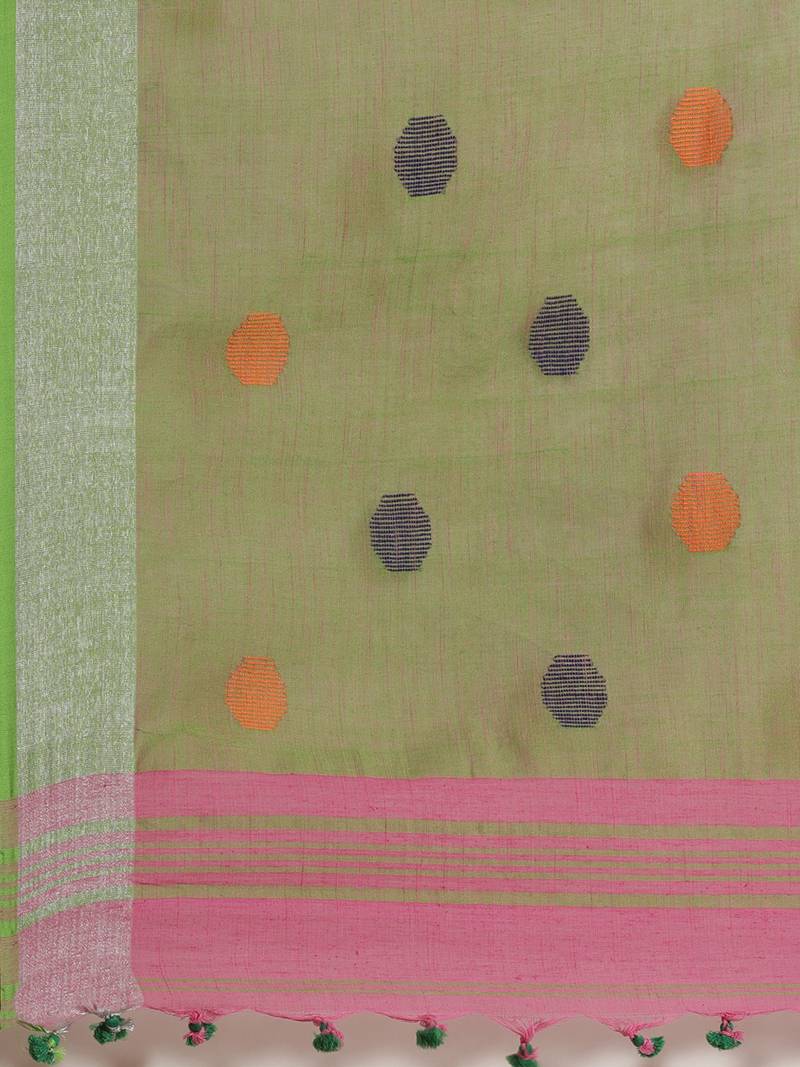 Pink & Green Woven Design Bengal Handloom Taant Saree
