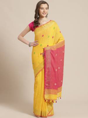 Yellow & Pink Polka Dot Woven Design Bengal Handloom Taant Saree 1