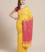 Yellow & Pink Polka Dot Woven Design Bengal Handloom Taant Saree