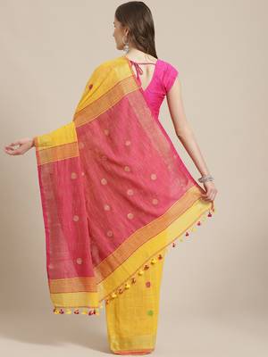 Yellow & Pink Polka Dot Woven Design Bengal Handloom Taant Saree 2