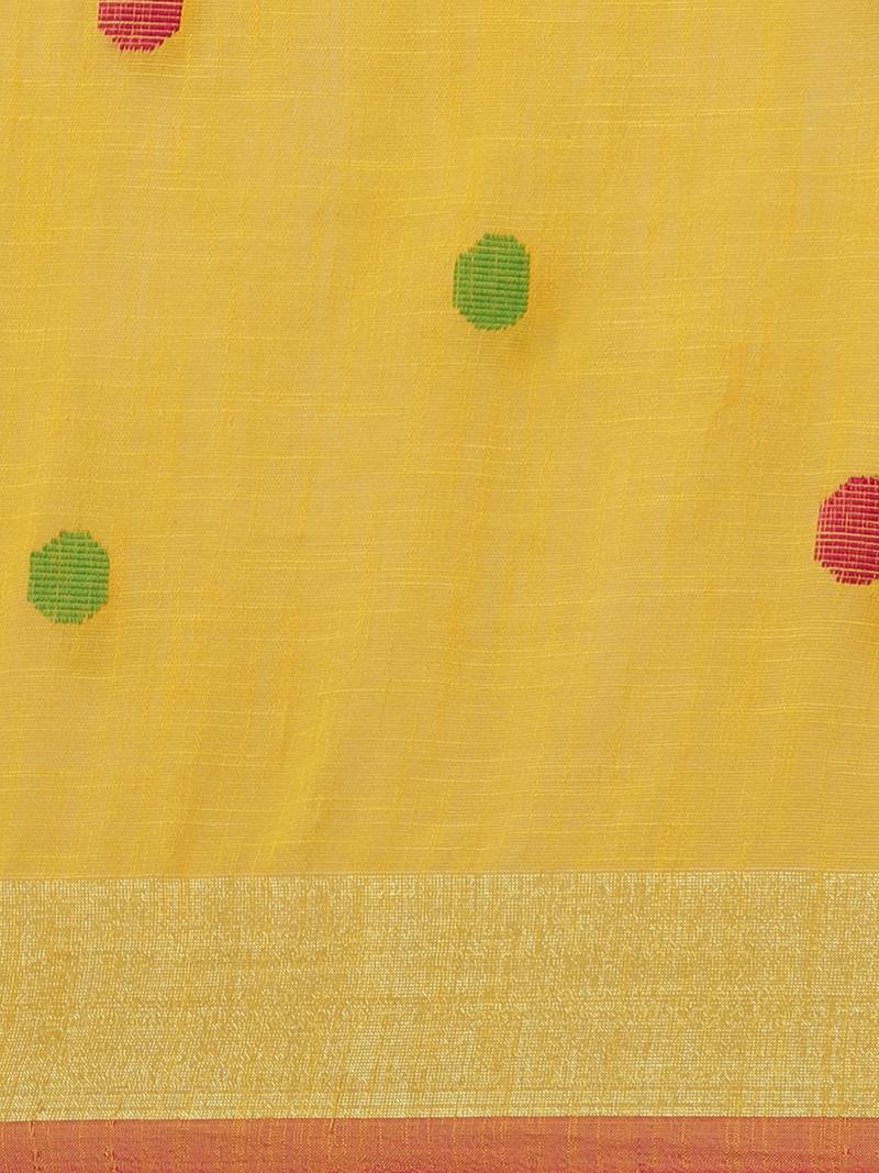 Yellow & Pink Polka Dot Woven Design Bengal Handloom Taant Saree