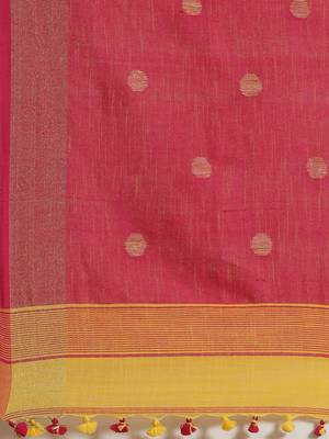 Yellow & Pink Polka Dot Woven Design Bengal Handloom Taant Saree 4