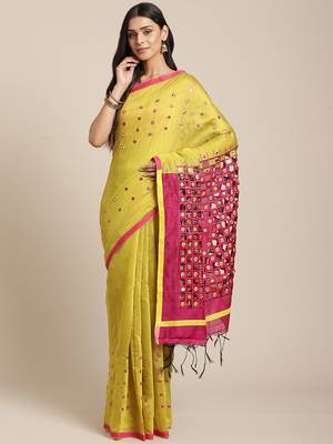 Lime Green & Magenta Embellished Taant Saree 1