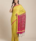 Lime Green & Magenta Embellished Taant Saree