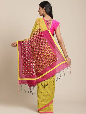 Lime Green & Magenta Embellished Taant Saree 2