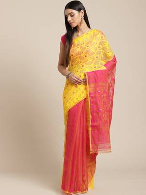 Yellow & Pink Woven Design Jamdani Saree 1
