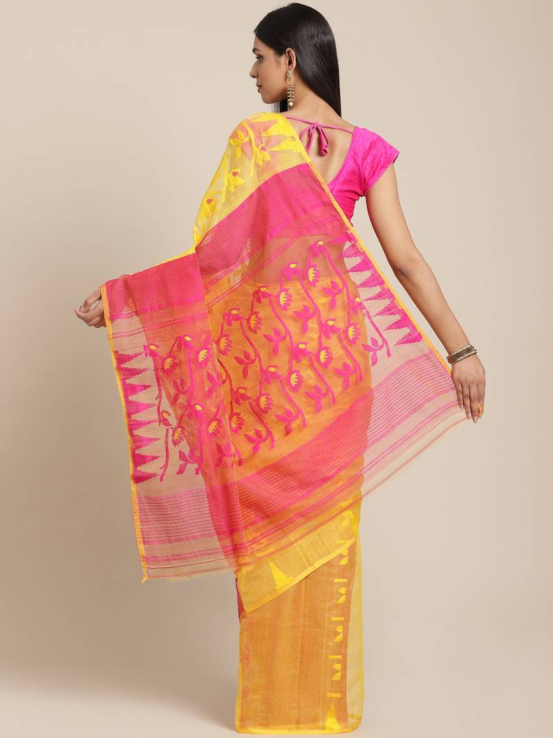 Yellow & Pink Woven Design Jamdani Saree
