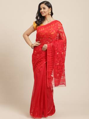 Red & Golden Ethnic Floral Patterned Jamdani Saree 1