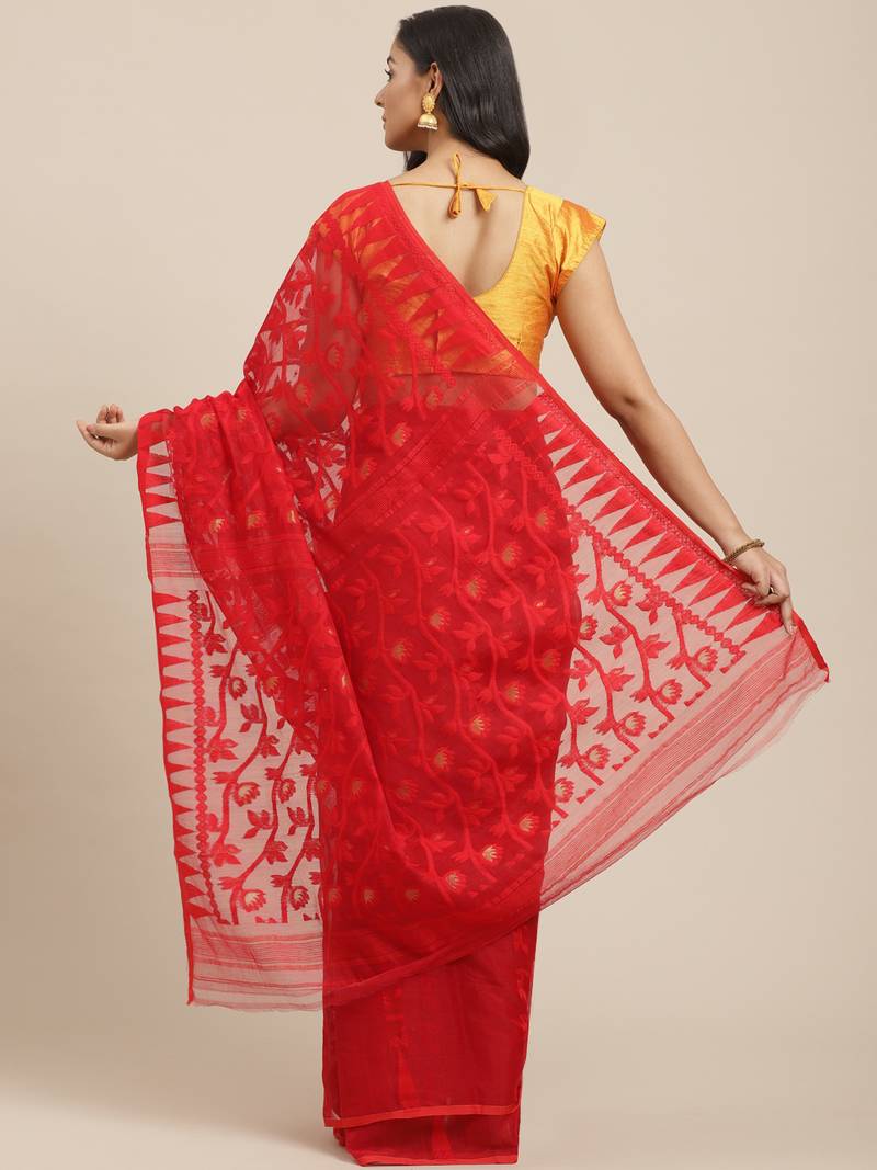 Red & Golden Ethnic Floral Patterned Jamdani Saree